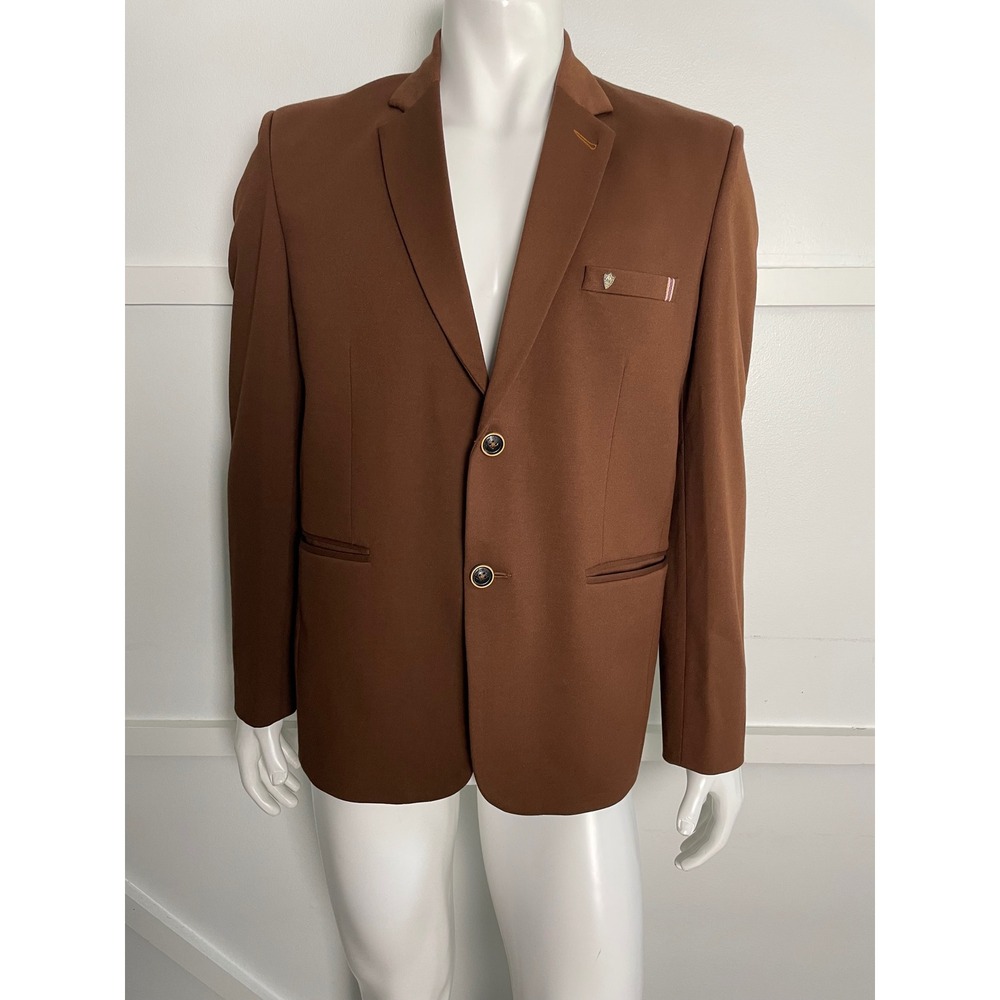 Black N Yelloww Mens Brown Slim Fit Two Button Blazer Sport Coat Jacket Size 42